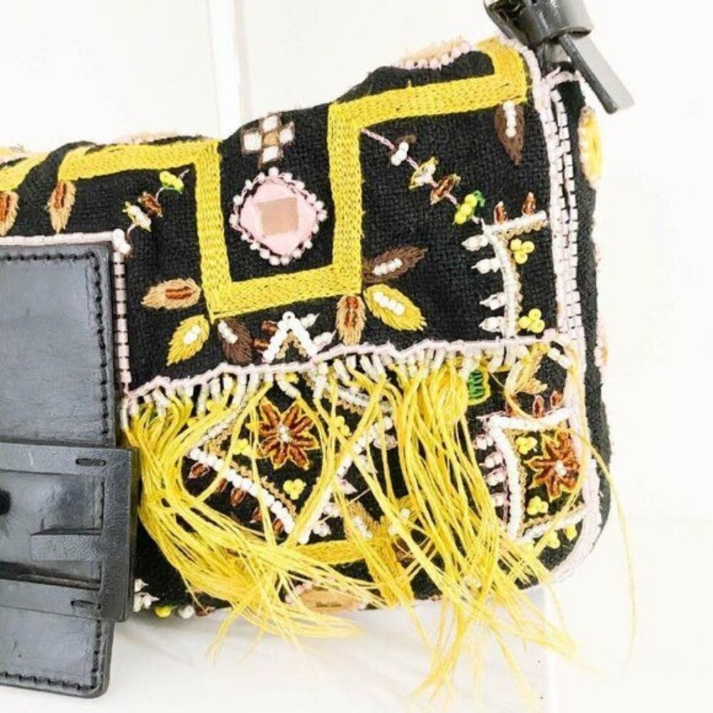 Authentic FENDI Mamma Baguette Beaded Fringe Mirror Shoulder Bag Bucket Hand Bag - Picture 4 of 16